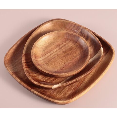 Platos de Madera de Acacia con Diseño Moderno - Platos Desechables para Cena, Juego de Vajilla para Hoteles, Accesorios de Cocina Pulidos a Mano