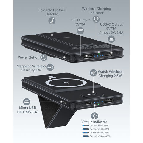 Fábrica 2 en 1 Carga Magnética 10000mAh Power Bank Cargador Inalámbrico Portátil Para Reloj 5W Carga Rápida Inalámbrica 10000mAh Power Bank
