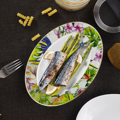 Peralatan makan porselen tulang mewah dengan motif bunga & burung, peralatan makan pernikahan mewah, peralatan dapur porselen, piring saji