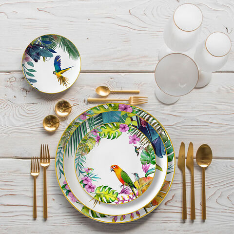 Peralatan makan porselen tulang mewah dengan motif bunga & burung, peralatan makan pernikahan mewah, peralatan dapur porselen, piring saji