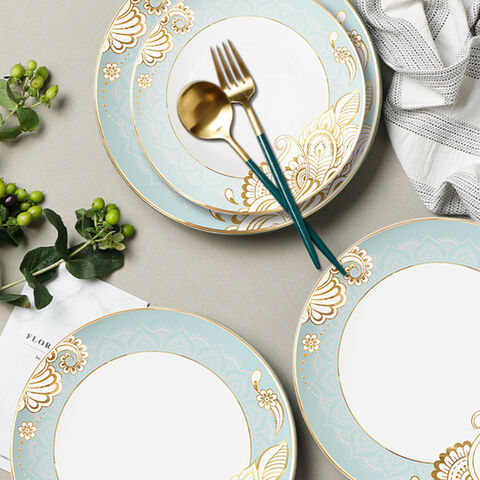 Vajilla de Porcelana China con Borde Dorado: Platos Llanos, Hondos, de Postre y Bajo Platos con Filo de Oro