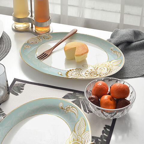 Vajilla de Porcelana China con Borde Dorado: Platos Llanos, Hondos, de Postre y Bajo Platos con Filo de Oro