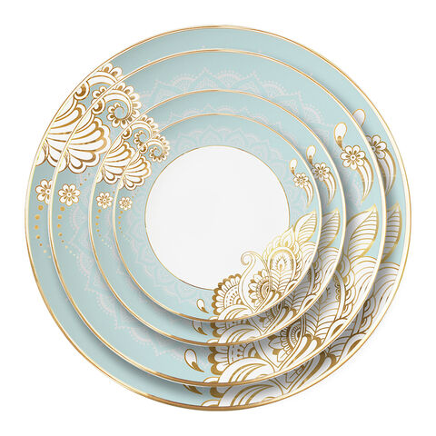 Vajilla de Porcelana China con Borde Dorado: Platos Llanos, Hondos, de Postre y Bajo Platos con Filo de Oro