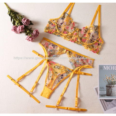 Ensemble de lingerie en dentelle brodée de fleurs pour femmes en gros, soutien-gorge et culotte string transparents