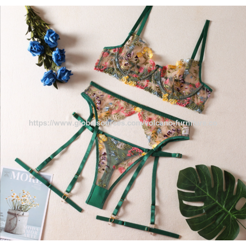 Ensemble de lingerie en dentelle brodée de fleurs pour femmes en gros, soutien-gorge et culotte string transparents