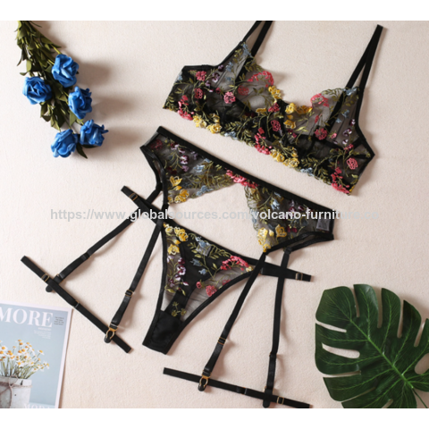 Ensemble de lingerie en dentelle brodée de fleurs pour femmes en gros, soutien-gorge et culotte string transparents