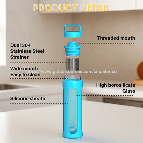 Bouteille d'eau en verre borosilicate haute qualité 600ml, écologique, avec manchon de protection en silicone et infuseur