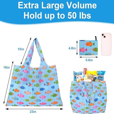 Sacos de compras reutilizáveis extra grandes de 22 kg, dobráveis, para cozinha, sacos de poliéster laváveis, sacolas com bolso