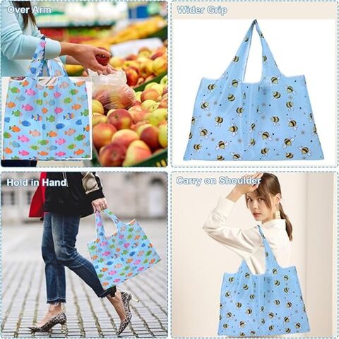 Sacos de compras reutilizáveis extra grandes de 22 kg, dobráveis, para cozinha, sacos de poliéster laváveis, sacolas com bolso