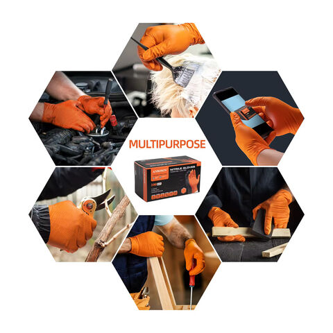 Guantes de seguridad industriales para mecánicos, de nitrilo, naranja y negro, de alta resistencia (6 mil), con agarre micro-texturizado para automoción.