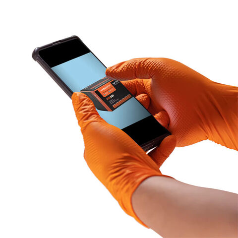 Guantes de seguridad industriales para mecánicos, de nitrilo, naranja y negro, de alta resistencia (6 mil), con agarre micro-texturizado para automoción.