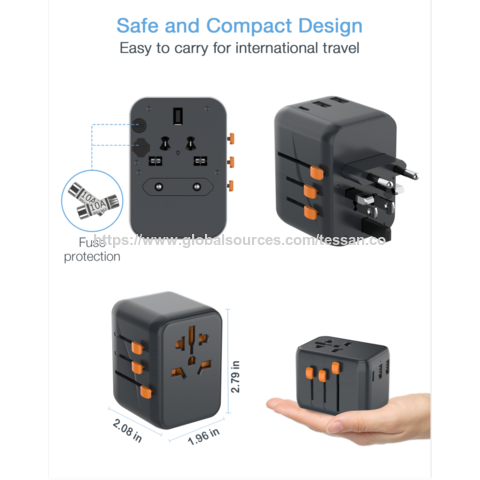 Adaptador de Viaje Universal Múltiple TESSAN con 1 Enchufe Universal + 2 USB-A + 1 Puerto Tipo-C (Carga Rápida PD15W, Negro)