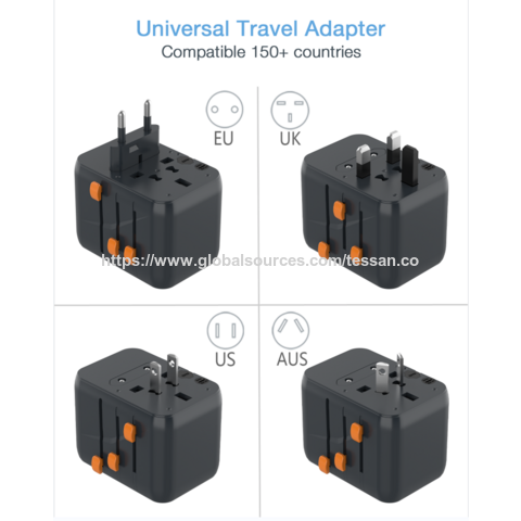 Adaptador de Viaje Universal Múltiple TESSAN con 1 Enchufe Universal + 2 USB-A + 1 Puerto Tipo-C (Carga Rápida PD15W, Negro)