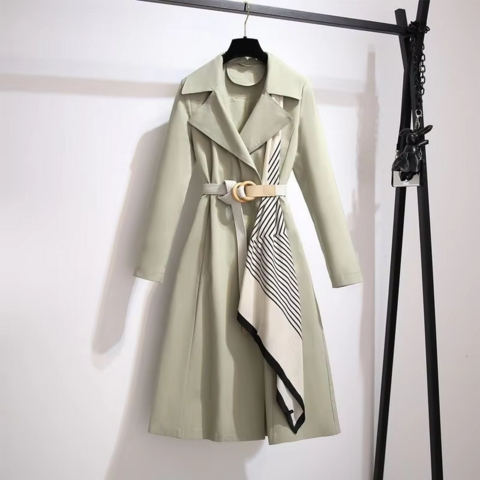 Nouveau manteau long et fin à revers de style britannique pour femmes, printemps, avec ceinture et écharpes, élégant et tendance pour femmes de bureau, coupe-vent décontracté