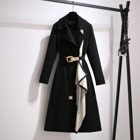 Nouveau manteau long et fin à revers de style britannique pour femmes, printemps, avec ceinture et écharpes, élégant et tendance pour femmes de bureau, coupe-vent décontracté