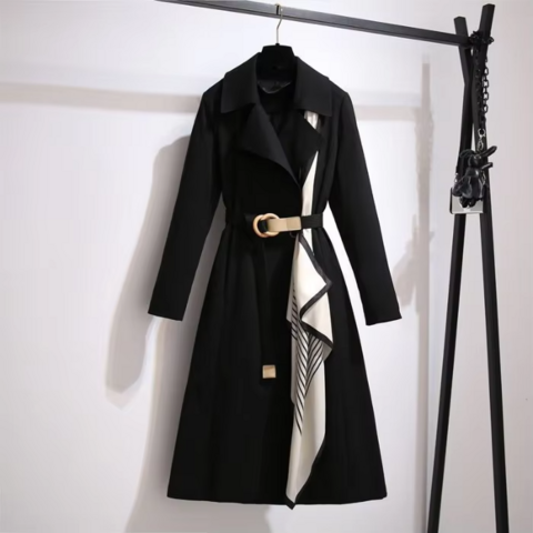 Nouveau manteau long et fin à revers de style britannique pour femmes, printemps, avec ceinture et écharpes, élégant et tendance pour femmes de bureau, coupe-vent décontracté