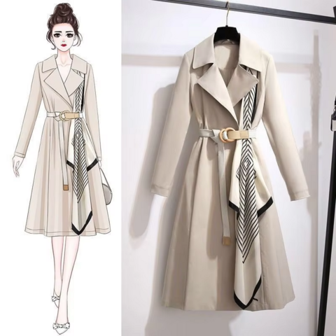 Nouveau manteau long et fin à revers de style britannique pour femmes, printemps, avec ceinture et écharpes, élégant et tendance pour femmes de bureau, coupe-vent décontracté
