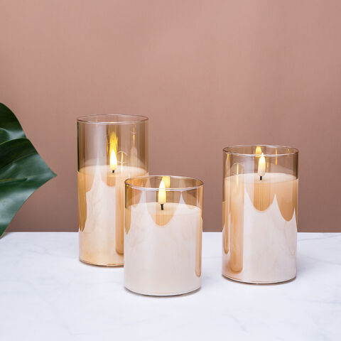 3D Echtflammen-LED-Kerze D7.5 H15, Goldglas-Säule, Fernbedienung, Timer 4/8 Stunden, Flammenlose Kerze