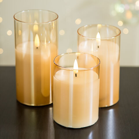 3D Echtflammen-LED-Kerze D7.5 H15, Goldglas-Säule, Fernbedienung, Timer 4/8 Stunden, Flammenlose Kerze