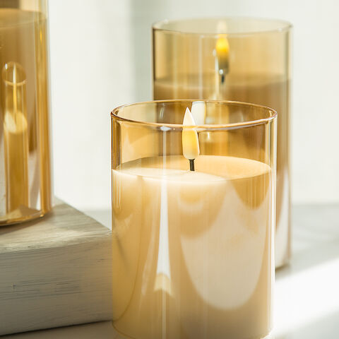 3D Echtflammen-LED-Kerze D7.5 H15, Goldglas-Säule, Fernbedienung, Timer 4/8 Stunden, Flammenlose Kerze