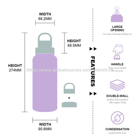 Botella de agua aislada de acero inoxidable 304 de doble pared con tapa deportiva y diferentes capacidades, color y logotipo personalizados