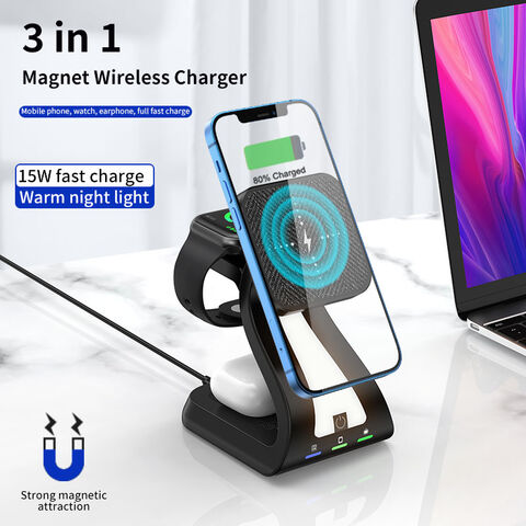 محطة شحن لاسلكية 3 في 1 لشاحن App MagSafe، حامل شاحن Mag-Safe مغناطيسي سريع معتمد من Qi بقوة 15 واط لهواتف iPhone 16 15