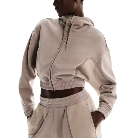 Sweatshirt Court à Fermeture Éclair et Col Haut pour Femmes, Coupe Personnalisée avec Logo OEM et Cordon de Serrage Réglable pour Tenues Décontractées et Sportives à Capuche