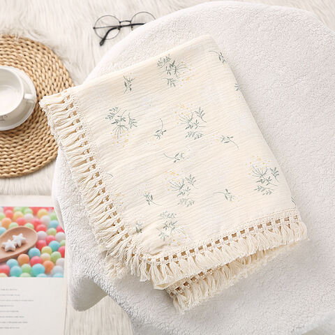 Couverture pour enfants en gros, double épaisseur, pliante, couverture d'emmaillotage en pur coton doux avec pompons, couverture de poussette pour bébé, pour la maison