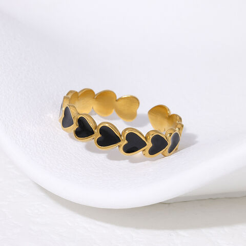 Anillo Ajustable de Acero Inoxidable de Alta Calidad con Corazón en Blanco y Negro con Aceite de Goteo y Baño de Oro de 18K para Mujer, Joyería de Regalo al por mayor