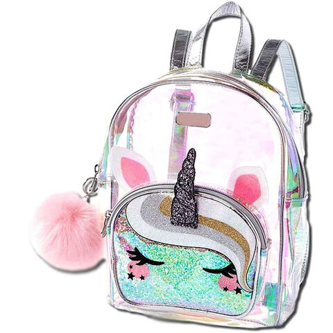 Sac à dos en gros pour adolescentes et petites filles avec paillettes roses/argentées, oreilles 3D et pompons