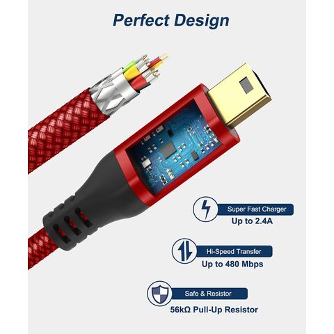 Mini-USB-Kabel 2 m, USB 2.0 Typ A auf Mini-B Kabel Geflochtenes Ladekabel