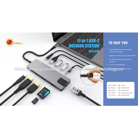 محور متعدد الوظائف عالي الجودة، 11 منفذًا، محور USB-C، تصميم حاصل على براءة اختراع، PD 100W، 10 جيجابت في الثانية، إيثرنت 1000 ميجابت في الثانية، للمكتب