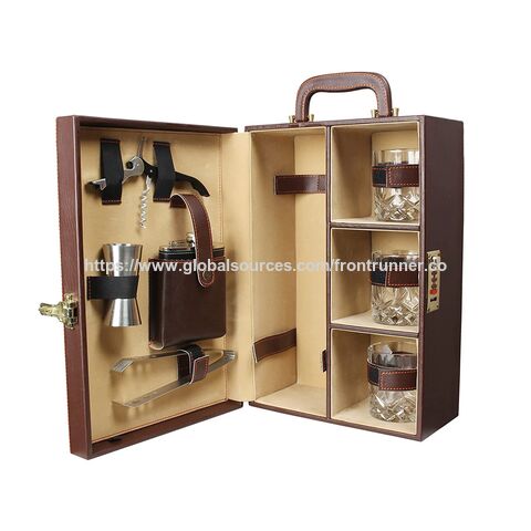 Caja de vino de madera portátil de alta calidad, personalizada de fábrica BSCI, caja de vino de cuero, caja de vino portátil, bar de vino personal para viajes