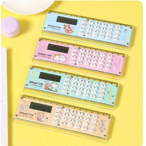 Calculadora con regla, artículos de papelería y material escolar de dibujos animados al por mayor, mini calculadora electrónica de regalo con regla.