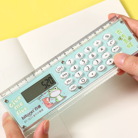 Calculadora con regla, artículos de papelería y material escolar de dibujos animados al por mayor, mini calculadora electrónica de regalo con regla.