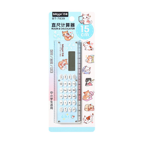 Calculadora con regla, artículos de papelería y material escolar de dibujos animados al por mayor, mini calculadora electrónica de regalo con regla.
