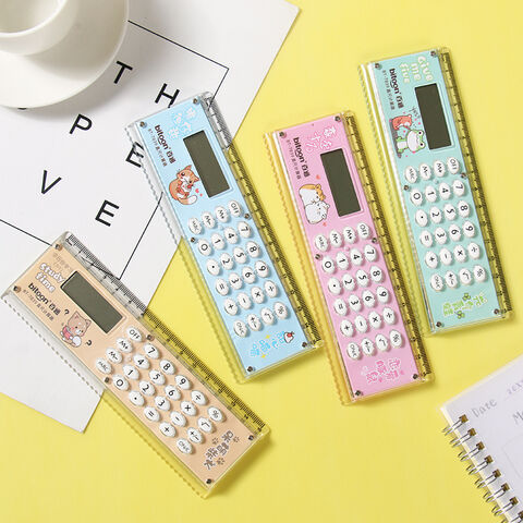 Calculadora con regla, artículos de papelería y material escolar de dibujos animados al por mayor, mini calculadora electrónica de regalo con regla.