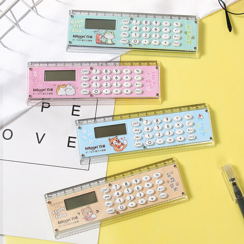 Calculadora con regla, artículos de papelería y material escolar de dibujos animados al por mayor, mini calculadora electrónica de regalo con regla.