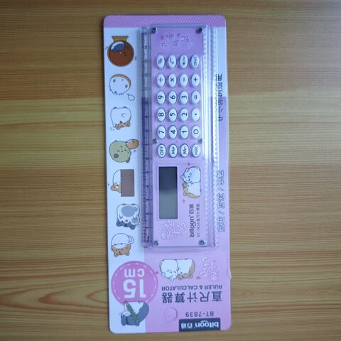 Calculadora con regla, artículos de papelería y material escolar de dibujos animados al por mayor, mini calculadora electrónica de regalo con regla.