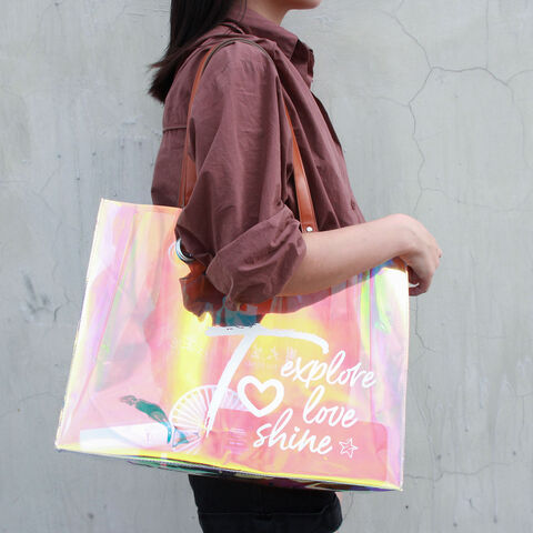 Sac fourre-tout holographique en plastique en gros avec poignée en cuir Sac holographique en PVC Sac à main tendance en PVC