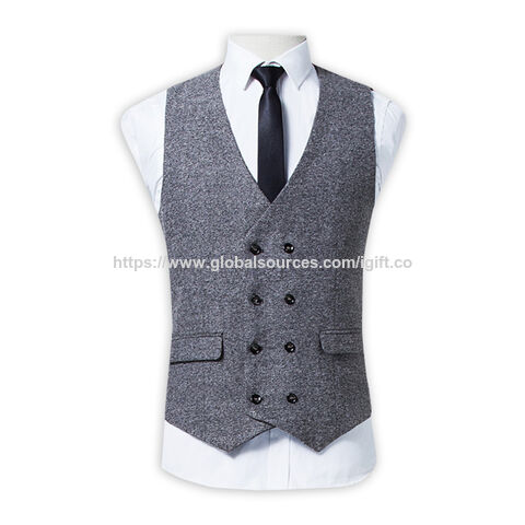 Chaleco de Traje para Hombre Ecológico, Mezcla de Lana, Corte Entallado, Gris, con Botones - Chalecos de Vestir para Negocios