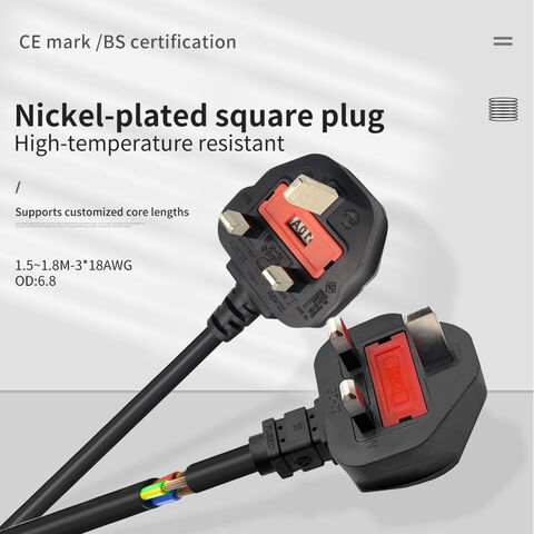 Cabo de alimentação de 3 pinos de 1,5 m para Reino Unido, cabo de alimentação de cobre puro de 0,75 mm quadrados, IEC 320 C13 para plugue BS-1363 de 1,8 m, cabo de alimentação para eletrodomésticos