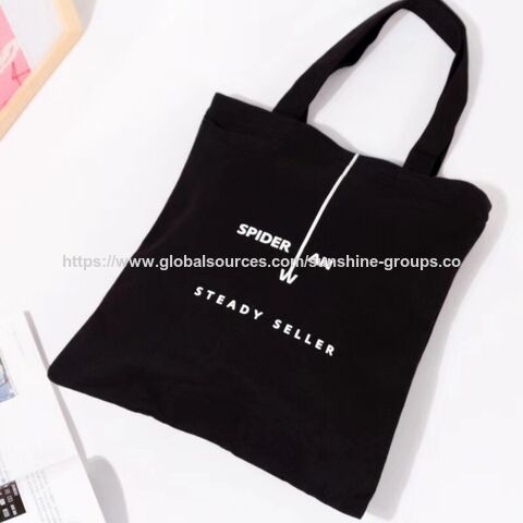 Sac en toile - tissu de coton noir - motif imprimé blanc - sac de courses avec poignée réglable blanche
