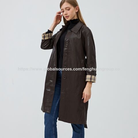 Veste Longue Décontractée en Cuir de Serpent Véritable pour Femmes, Trench-coat Marron avec Doublure en Soie en Gros