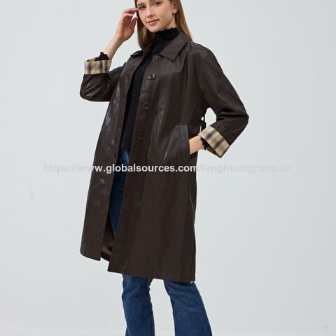 Veste Longue Décontractée en Cuir de Serpent Véritable pour Femmes, Trench-coat Marron avec Doublure en Soie en Gros
