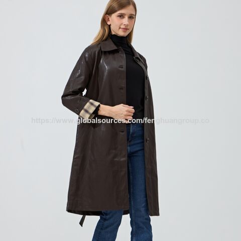 Veste Longue Décontractée en Cuir de Serpent Véritable pour Femmes, Trench-coat Marron avec Doublure en Soie en Gros