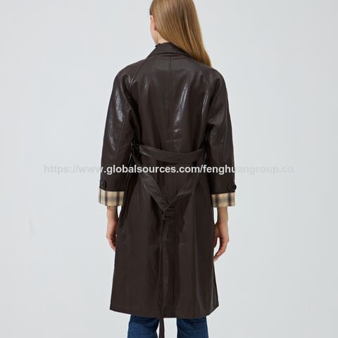 Veste Longue Décontractée en Cuir de Serpent Véritable pour Femmes, Trench-coat Marron avec Doublure en Soie en Gros