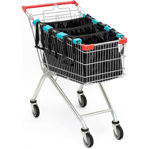 Lot de 3 sacs de courses réutilisables, organisateurs d'épicerie écologiques avec clips de chariot universels, pochette zippée, organisateur de chariot de courses