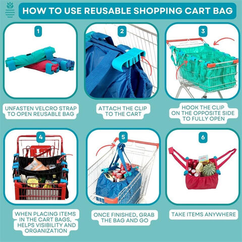 Lot de 3 sacs de courses réutilisables, organisateurs d'épicerie écologiques avec clips de chariot universels, pochette zippée, organisateur de chariot de courses