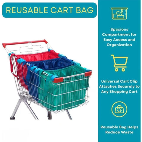 Lot de 3 sacs de courses réutilisables, organisateurs d'épicerie écologiques avec clips de chariot universels, pochette zippée, organisateur de chariot de courses